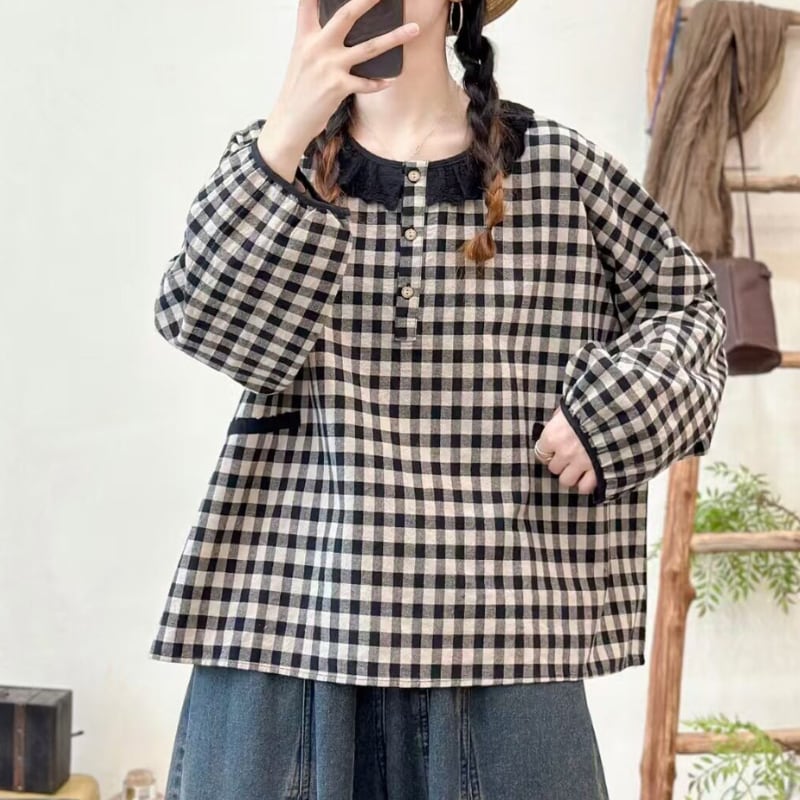 ブロックカラーチェック柄長袖シャツ W1735