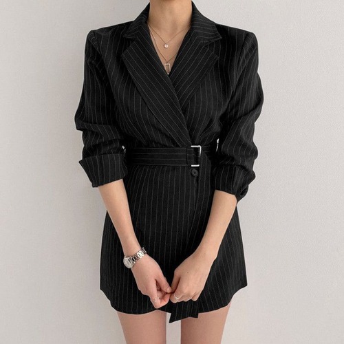 ワンピース ミニ丈 Vネック 七分袖 ストライプ 大人可愛い シンプル きれいめ 春秋 お出かけ デート 女子会 ハイウエスト ウエストマーク