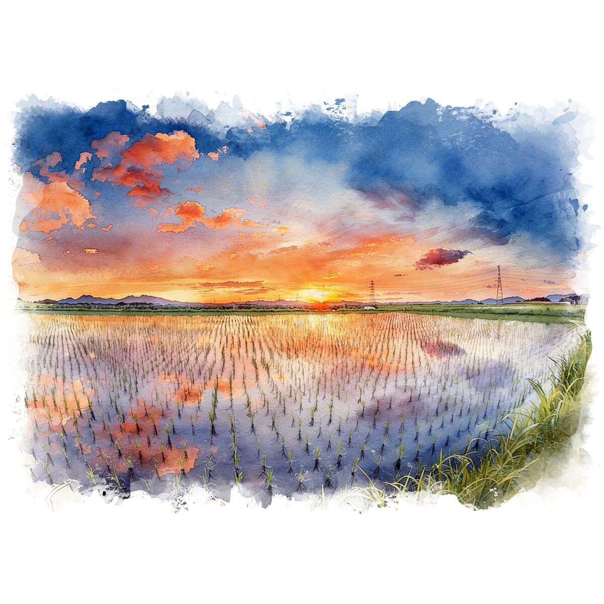 絵画 日本 熊本県合志市水田の風景 インテリアアート額付き 水彩画・油絵風 WAT0059