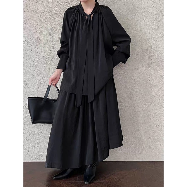 ボウタイブラウス＆フレアスカート セットアップ　0212