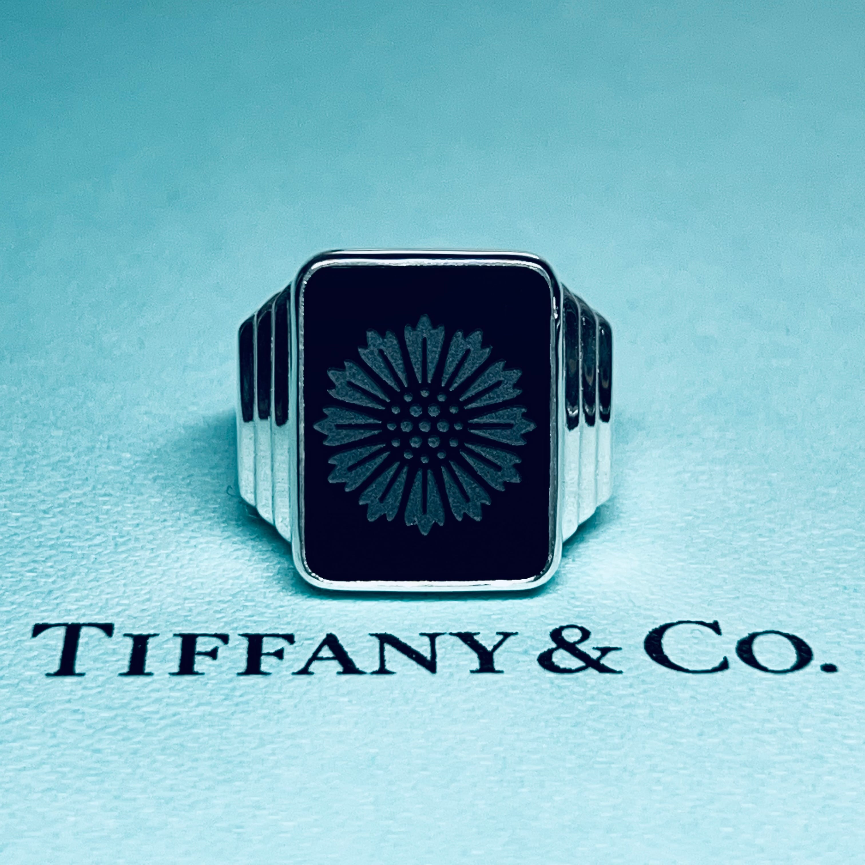 OLD TIFFANY & CO. Black Onyx Daisy Signet Ring Sterling Silver