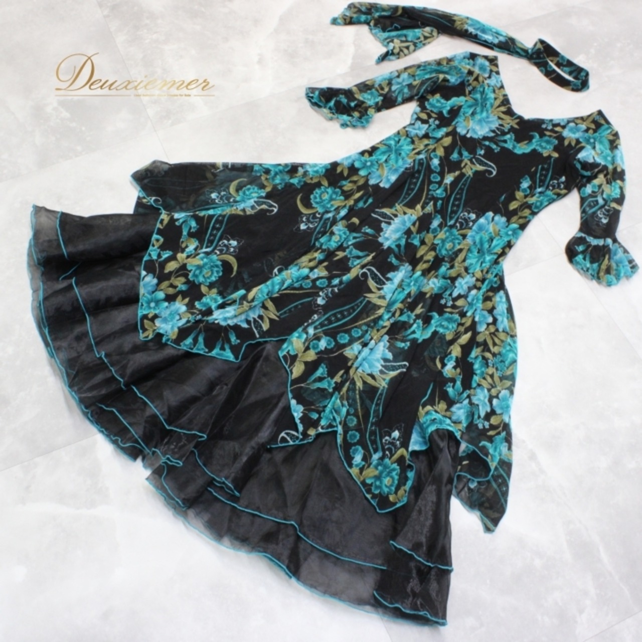 社交ダンス 衣装 スタンダード ドレス ワンピース パーティドレス ブラック系 グリーン系 チョーカー 黒 緑 レース 透け感 シック 準正装 花柄 ファスナー 伸縮性 おしゃれ レディース ダンス衣装 ショートスリーブ フェミニン セクシー 大人用 イベント用 パーティー ドレッシー デザインドレス エレガント