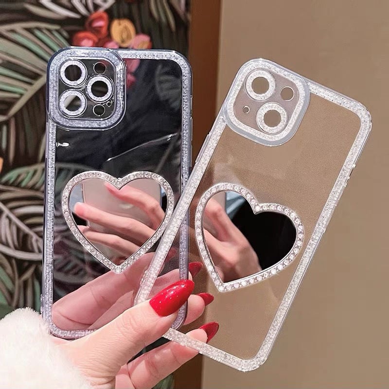 ☆ iPhone13mini 透明iPhoneケース ハート鏡 鏡つき ミラーケース
