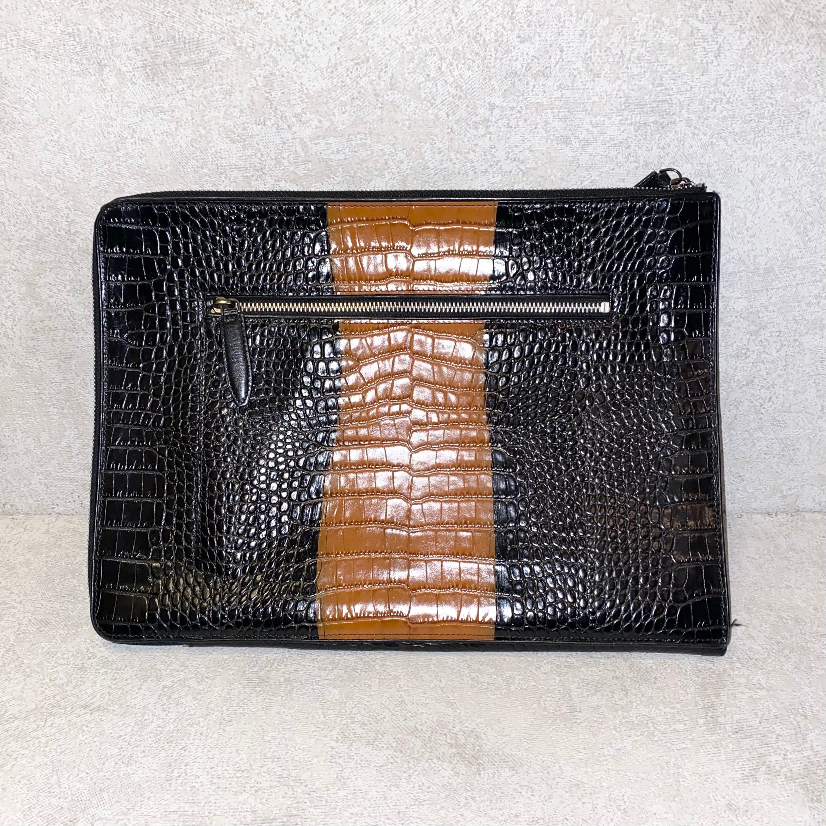 DRIES VAN NOTEN bicolor crocodile embossed leather clutch bag