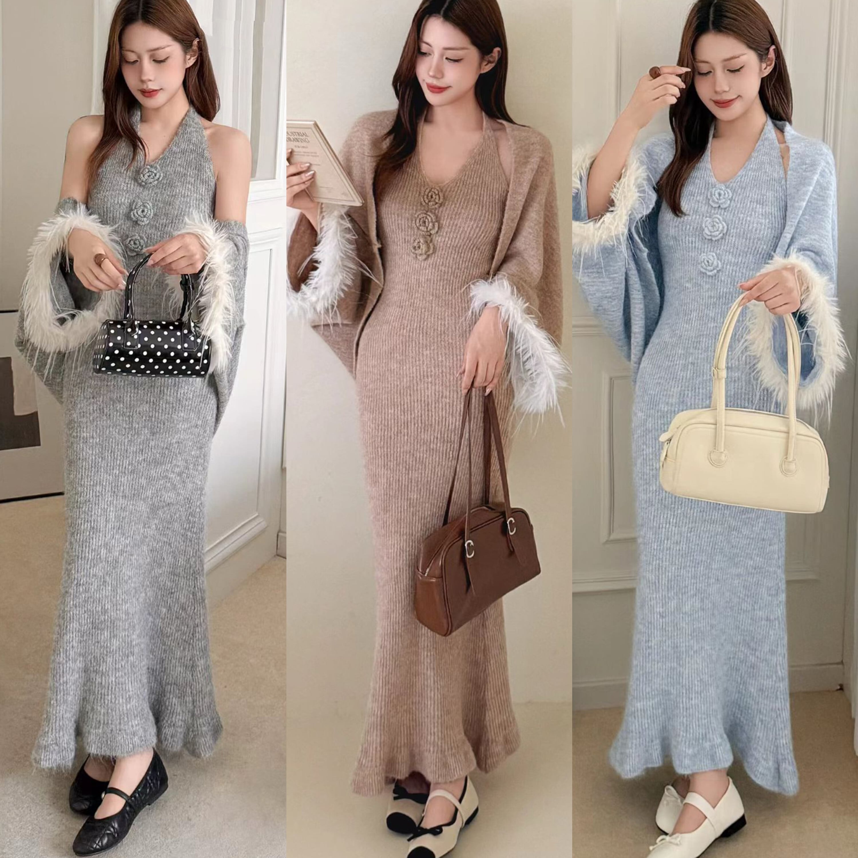 【set】袖口ファーカーディガン×ホルターネックニットワンピースセット N3459