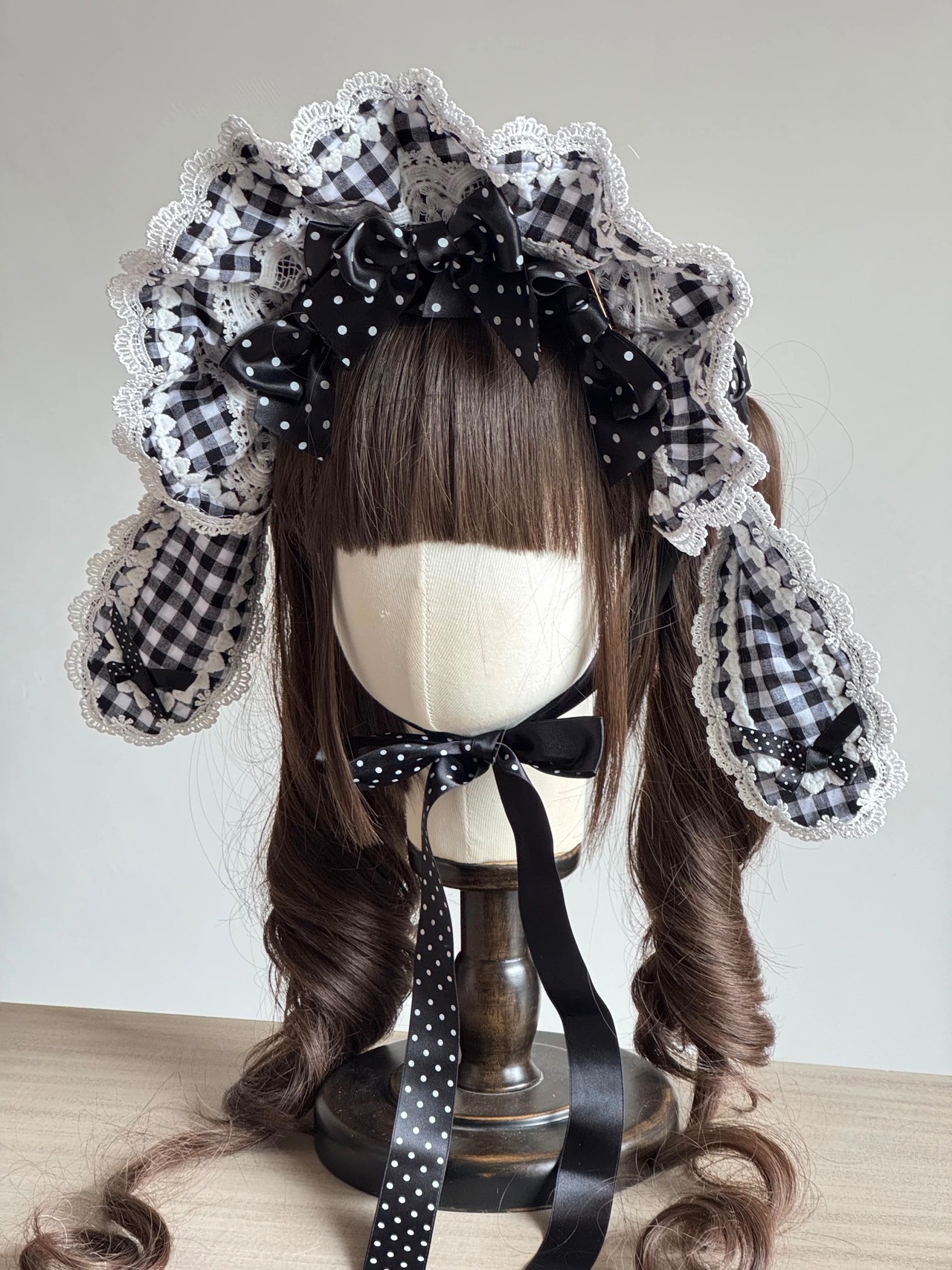 ♡【全4色】MAID ギンガムチェック&ドット柄リボン 変幻自在うさみみフリルボンネット red ♡