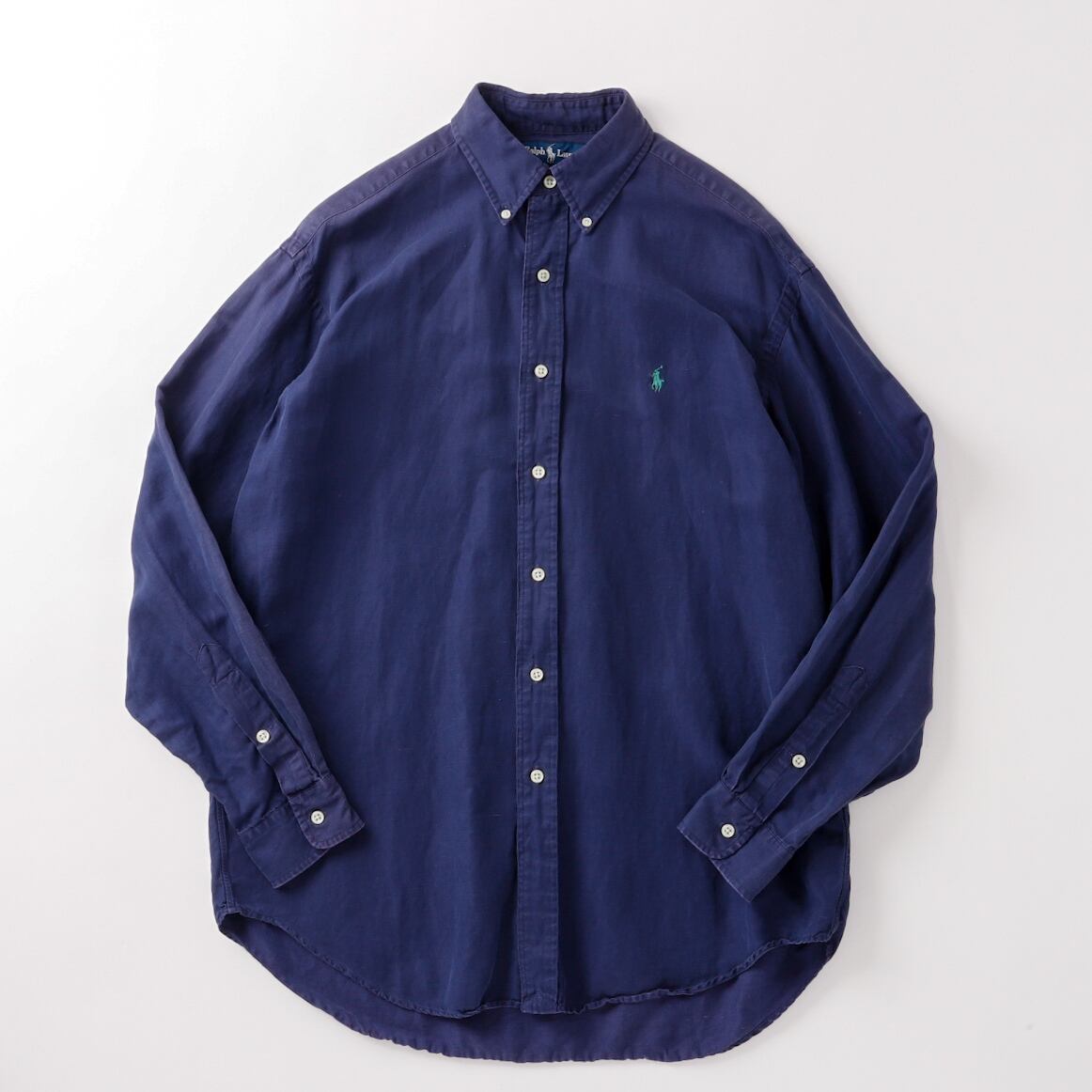 極美品】80s Ralph Lauren special silk linen shirt fade navy big