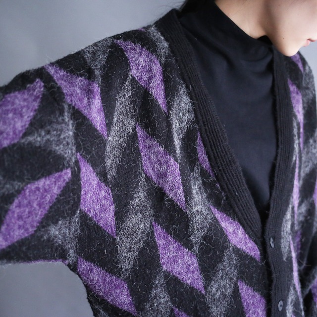 "モケモケ"  mohair motif knit argyle pattern loose silhouette 4b cardigan