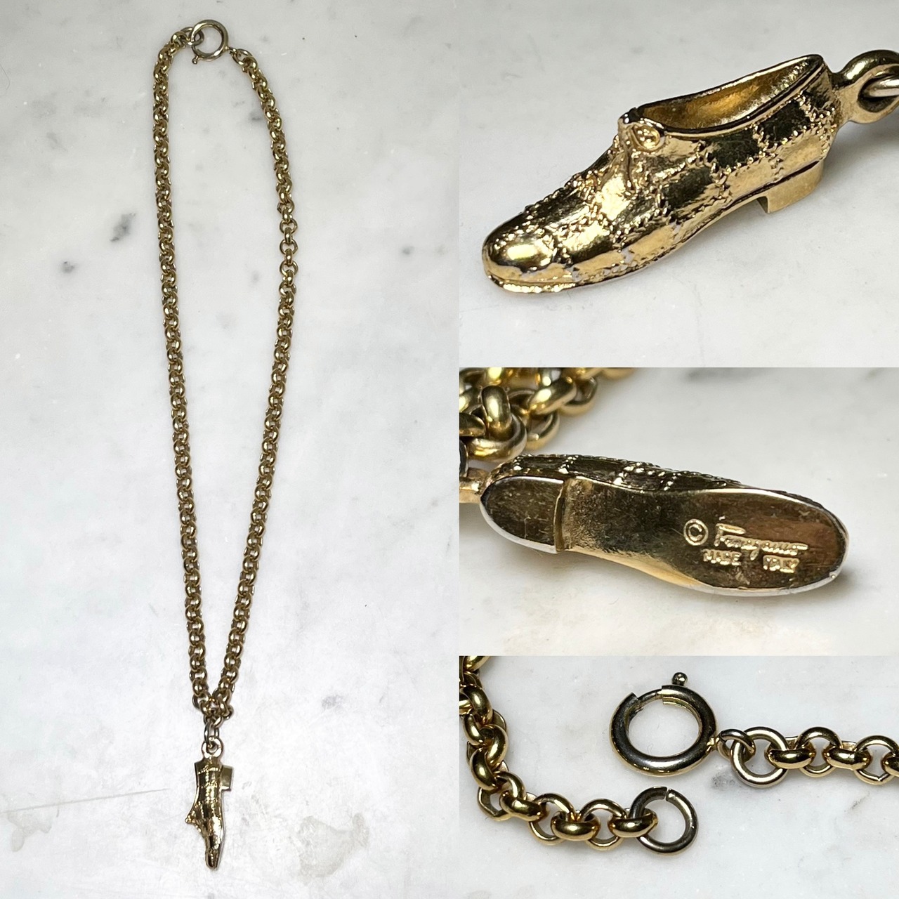 SALVATORE FERRAGAMO gold color metal shoes motif pendant necklace