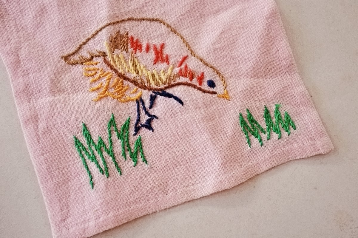 フランス リネン お散歩小鳥と刺繍クロス ドイリー アンティーク