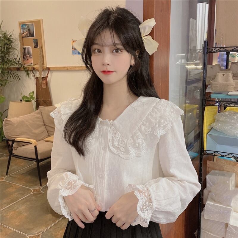 レースカラーホワイトシャツ オータムブラウス ロング 大人ガーリー スウィート キュート カジュアル 秋物 ステッチ 萌量不足88721265542