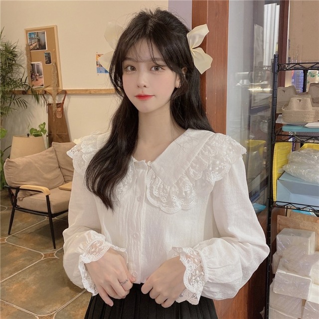 レースカラーホワイトシャツ オータムブラウス ロング 大人ガーリー スウィート キュート カジュアル 秋物 ステッチ 萌量不足88721265542