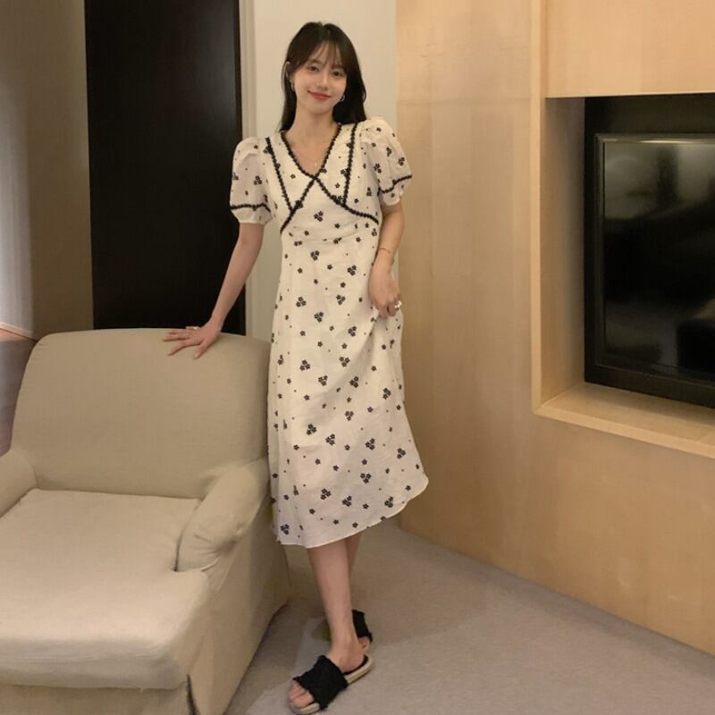 ドレス ワンピース サマー薄手レーススタンダードフローラルスリーブ レトロ 夏物 花柄 1号婦人71271198659