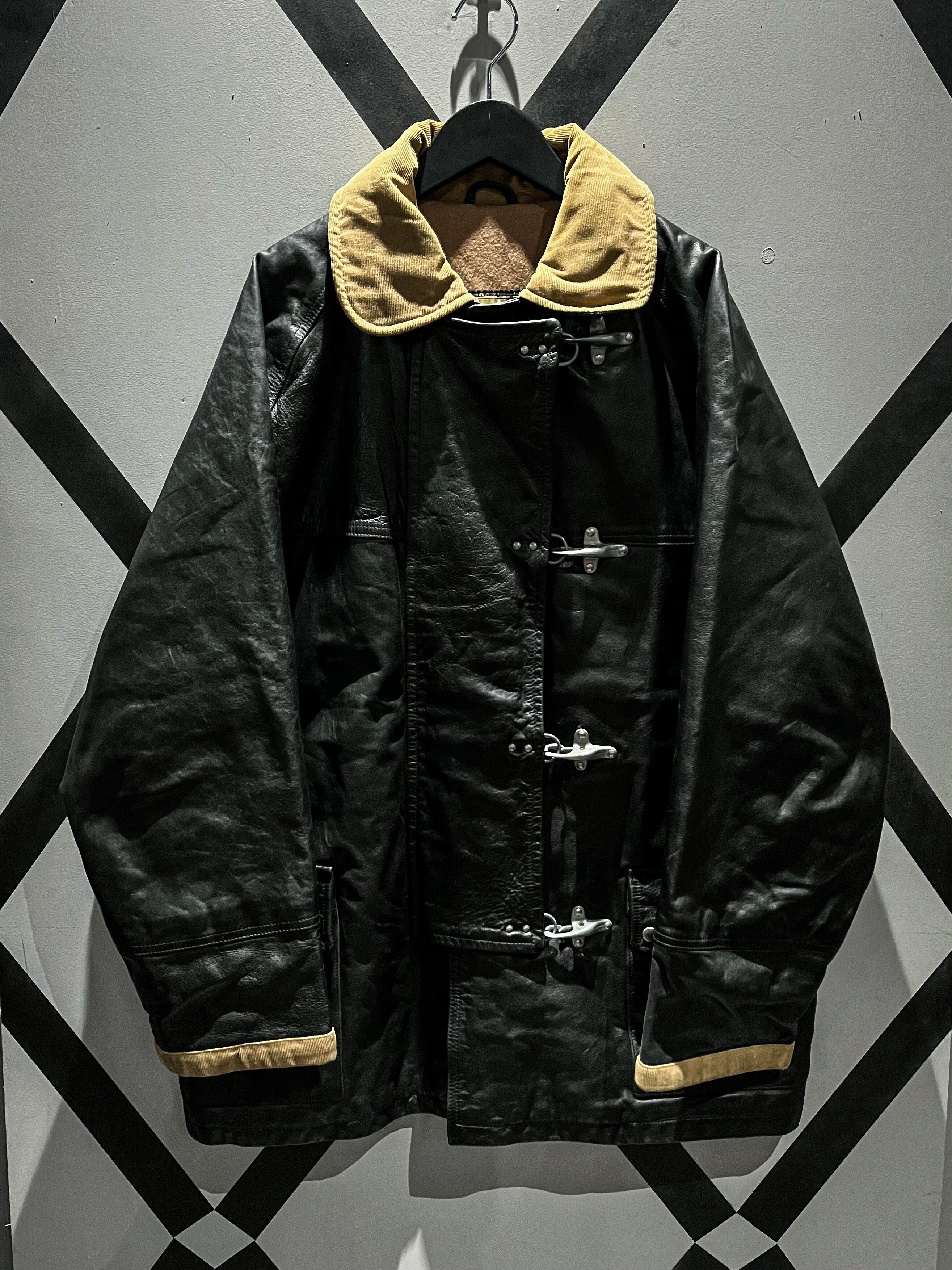 X VINTAGE】Fireman Gimmick Vintage Loose Leather Jacket | Caka 