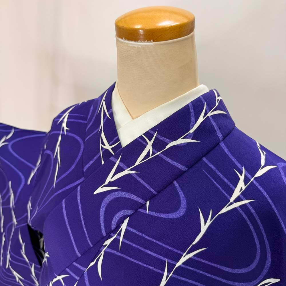 小紋 単衣 幅広 大きい 洗える着物 裄65cm 身丈154.3cm 紫 花柄 お洒落着 普段着 ポリエステル 美品 M サイズ 5274