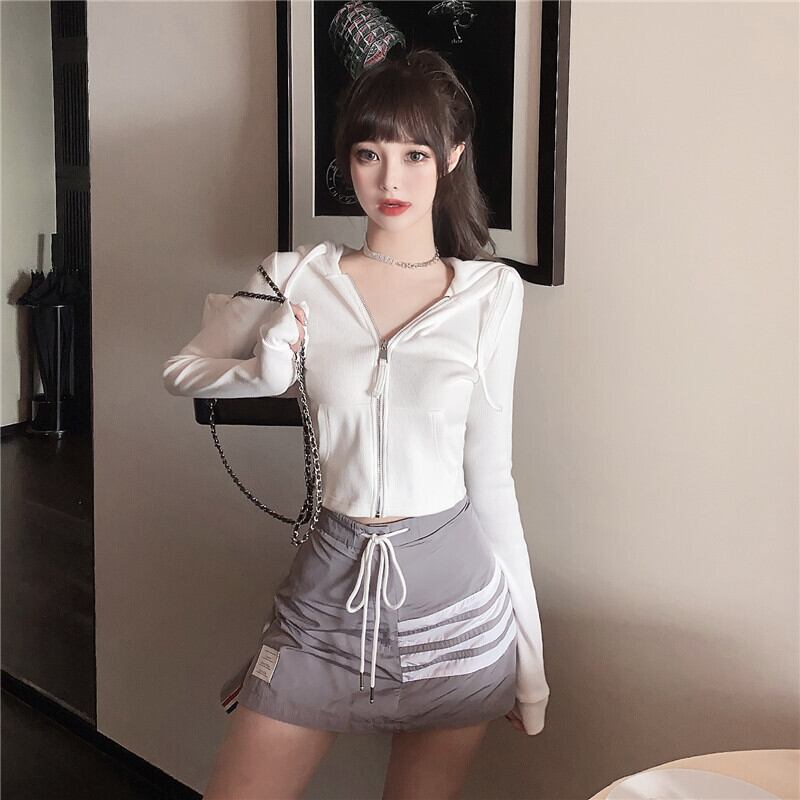 ホワイトニットフード付きジッパーセーターレディース初秋の自家栽培オールマッチ長袖ジャケット2020新作クロップドトップ ブラックストロベリース38796885309