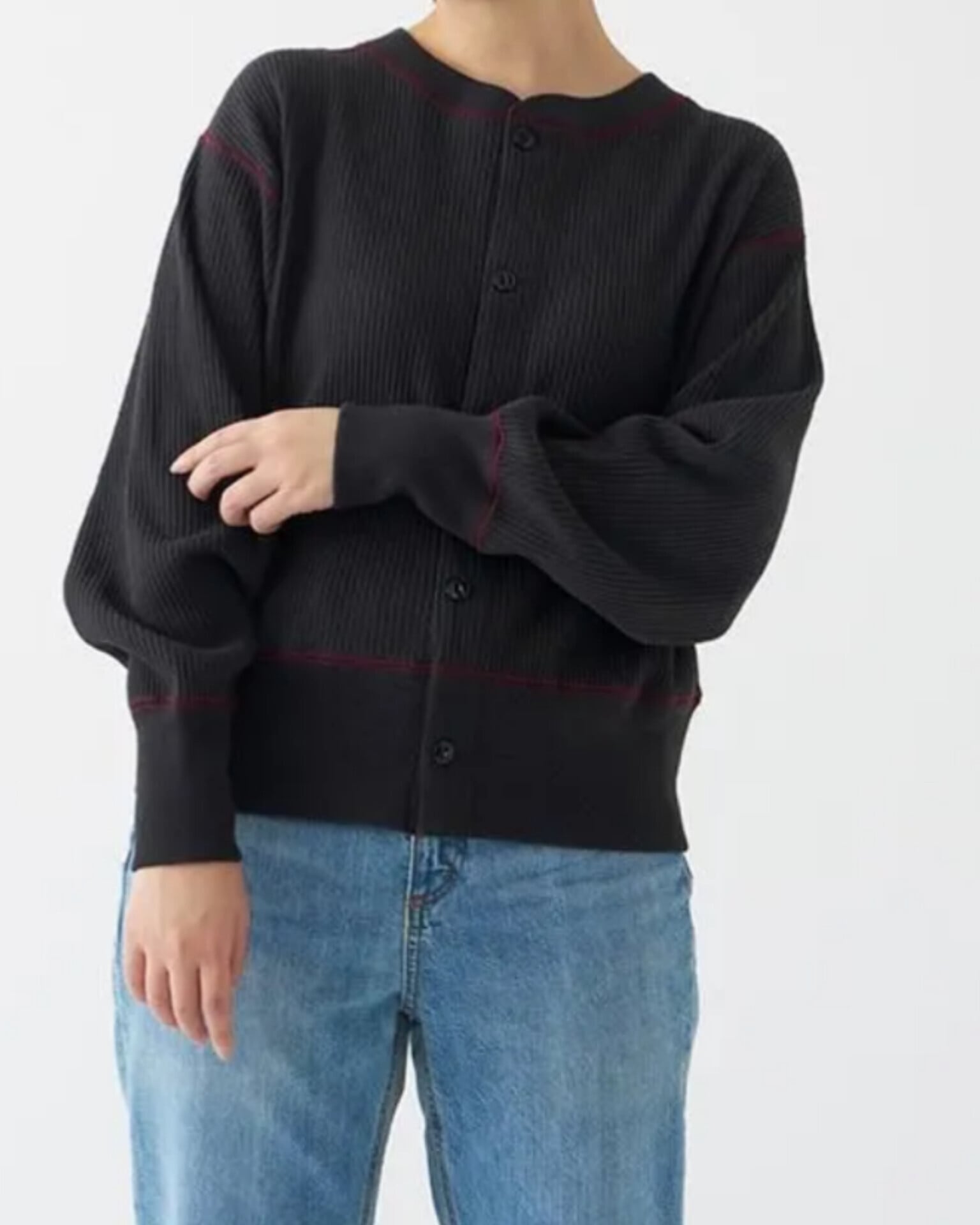 【Healthknit】アーミーリブ クルーネック カーディガン長袖 / レディース / フェードブラック × ワイン