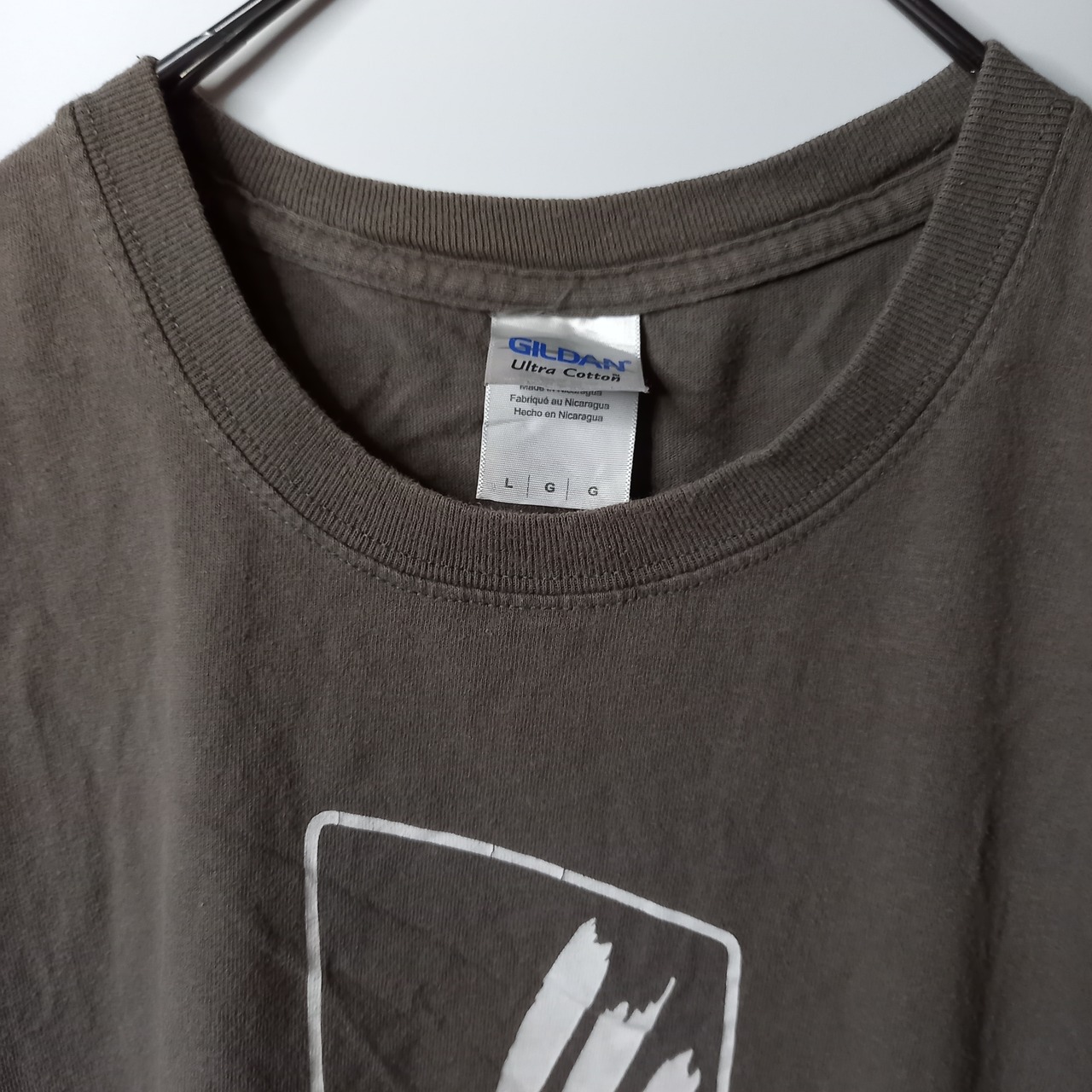 ギルダン　クルーネック　プリントTシャツ　企業ロゴ　カーキ　L