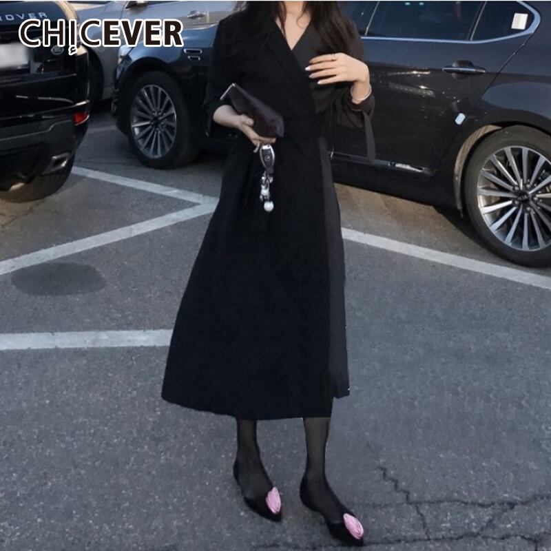CHICEVERヴィンテージブラックドレスレディースラペルカラー長袖ウエストサッシ特大ルーズミディドレス2020服 ロング ビンテージ 6base586371839528