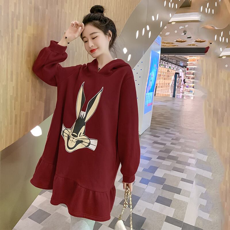 【新作】【送料無料】 マタニティドレス2019冬の新しいカジュアルセーター漫画のドレスバージョンフード付きプラスベルベットの厚いマタニティドレス-アリババ ウィンター 冬物 expec287439520722