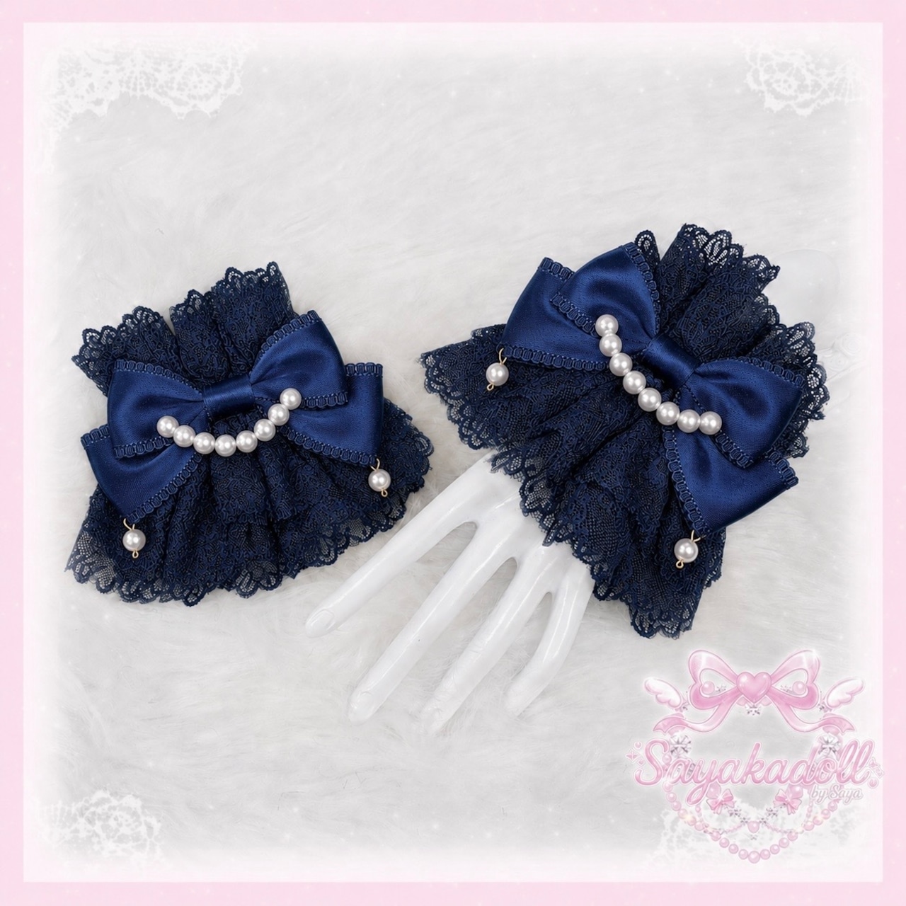 ♡【MAID】ブルーリボンパールカフス／お袖留め navy blue ♡