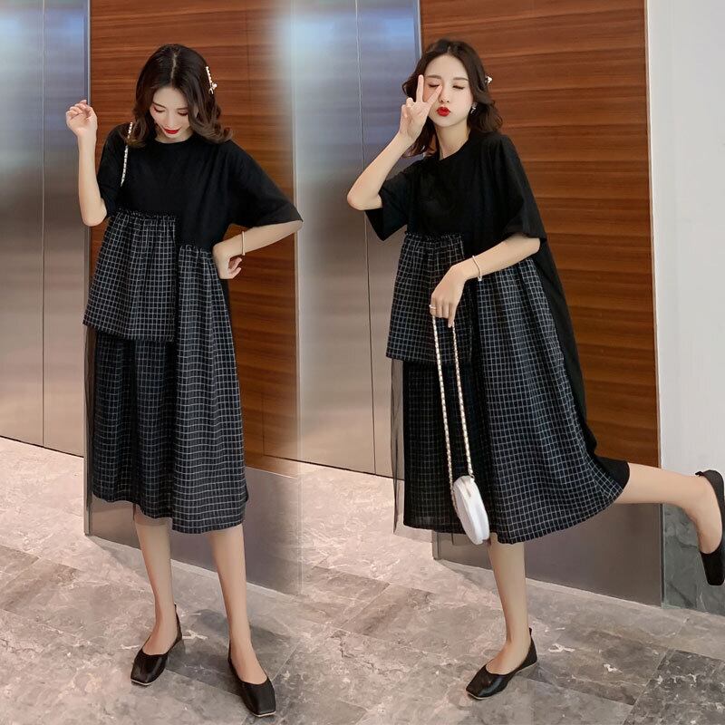 【新作】【送料無料】 新しいルーズファッションステッチラウンドネックミドル丈プラスサイズのマタニティドレスのマタニティドレス2019夏バージョン-アリババ 大きめサイズ サマー 夏物 Oネック expec235168557192