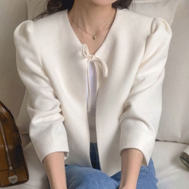 3col.パフスリーブショートジャケット　ラウンドネック　リボン　S0134