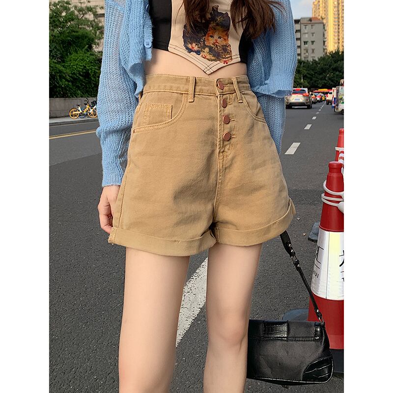 ジーンズ ハイウェストショーツ サマールーズ薄手ワイドレッグAラインパンツ 夏物 ブルマー ワイドパンツ ブラックストロベリース82136135709