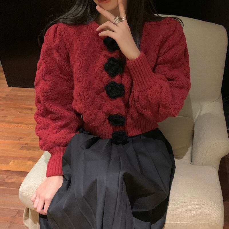 セーター スタンダードFlowerデザイン ボタンパターンスリーブレディース レトロ フラワーデザイン ビッグFスモールZ韓国19504914379