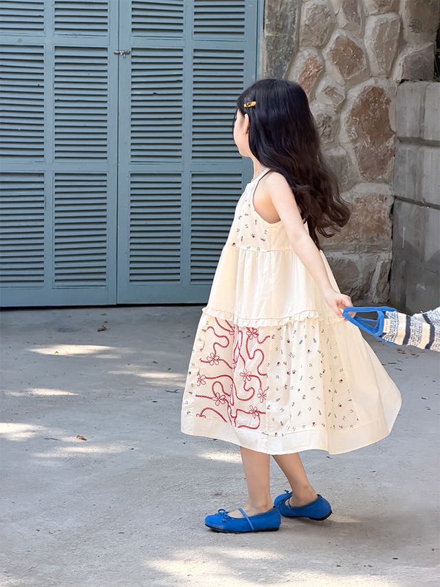 【KID】レッドラインフラワー刺繍ホルターネックワンピース - 13