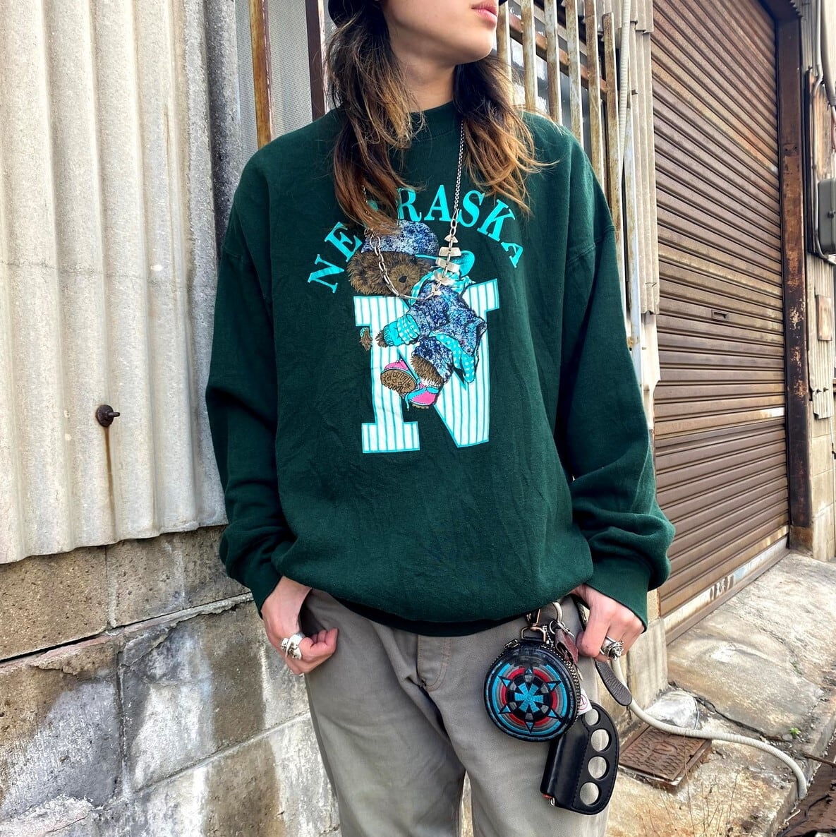 Nebraska クマ アニマルプリントスウェット レディースxl相当 メンズ 古着 動物 熊 トレーナー グリーン 緑色 スウェット Cave 古着屋 公式 古着通販サイト