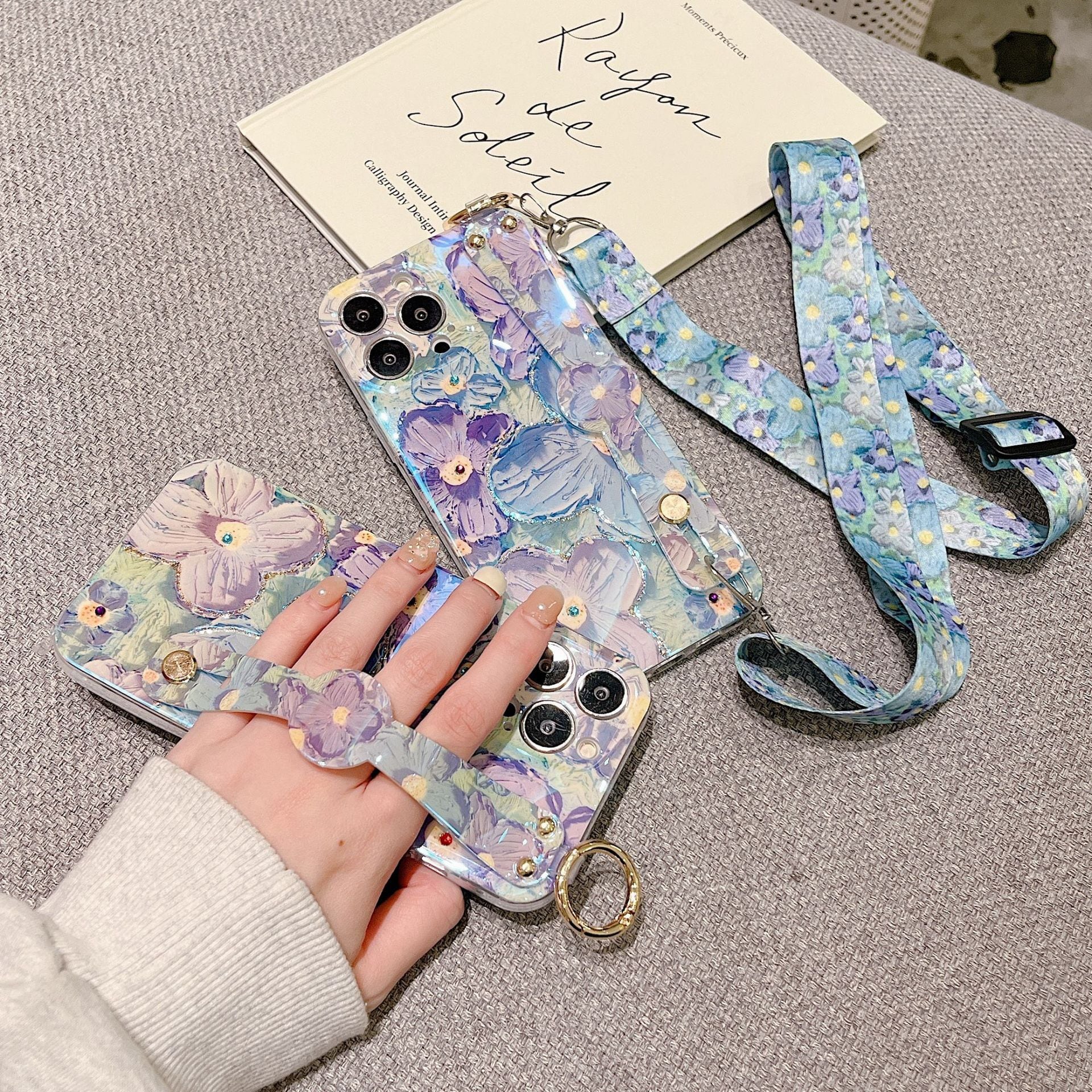 艶が美しい◎高級感 スマホショルダー 花柄 クリアケース フラワー ペイント風 油絵アート カメラ保護 ショルダーストラップ スマホケース ND-14920
