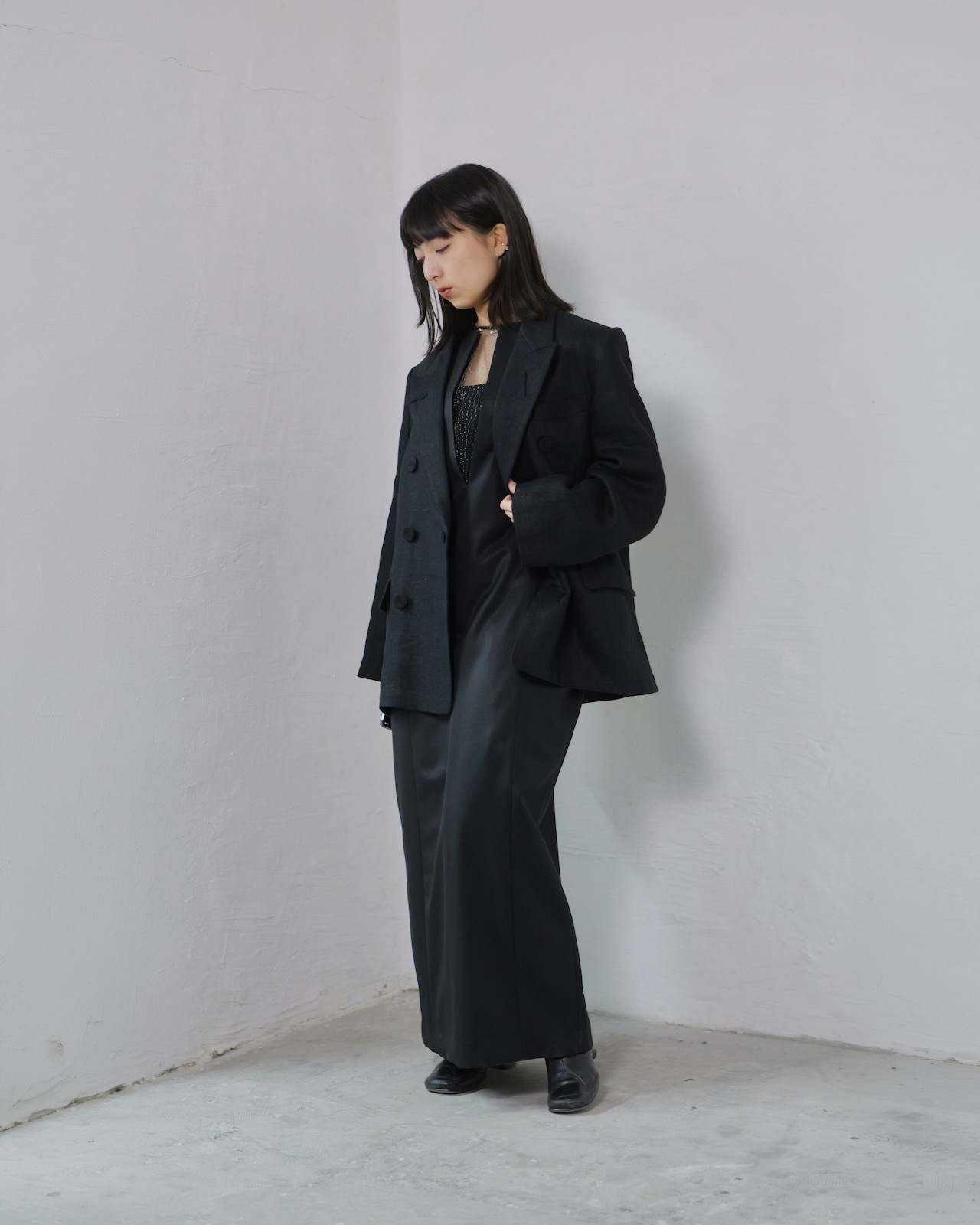 i’m here - GRANDPA Linen Jacket :Black|ダブルブレスト/立体3面ドッキング/“だまし絵”の前立て