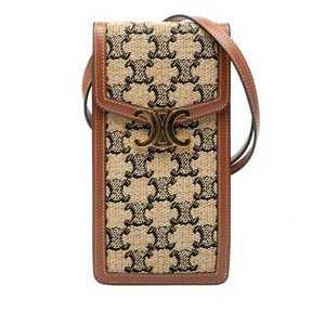 セリーヌ トリオンフ 斜め掛け ショルダーバッグ モバイルポーチ ベージュ ブラウン キャンバス レザー レディース CELINE 【中古】