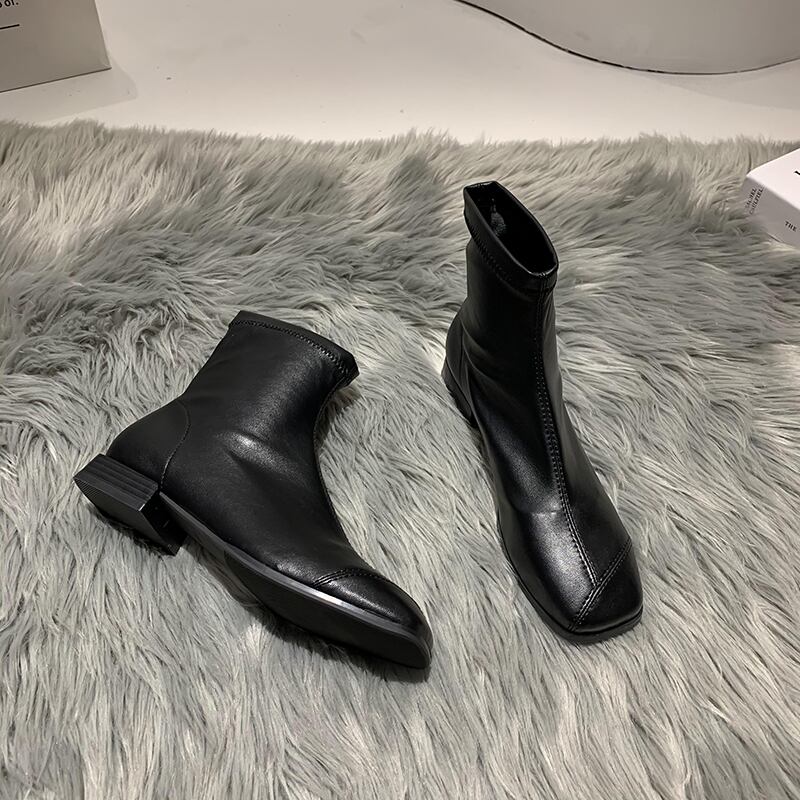 ショートブーツオータムスリーブスタンダードレッド薄手 レトロ 靴 シューズ 秋物 スクウェア フェイクシューズ16247425862