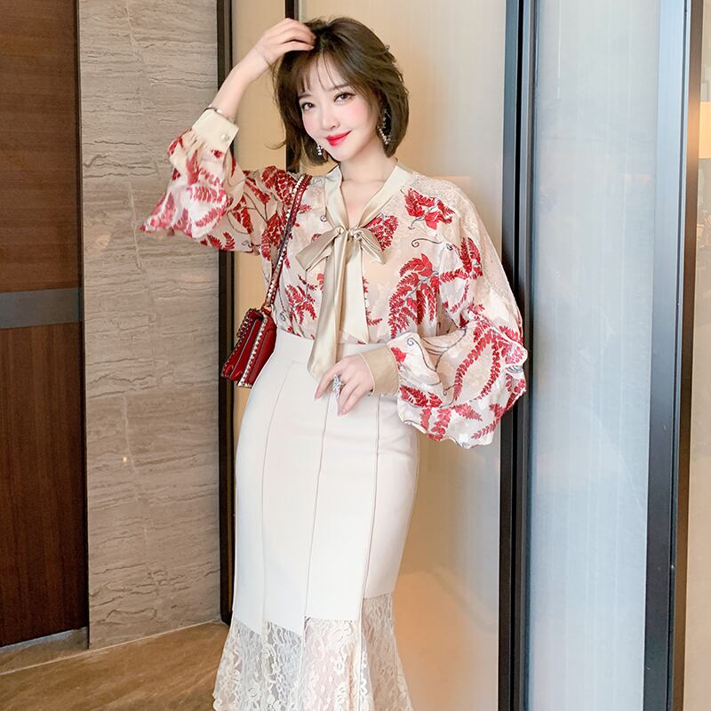 リボンプリントシャツ スプリング 春物 ステッチ MIUCO23226412958