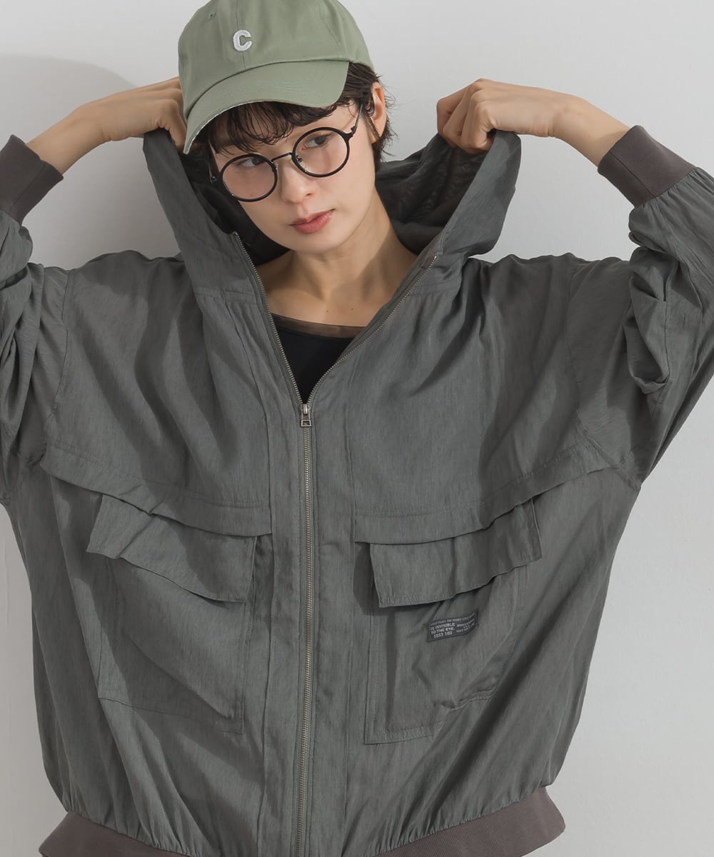 K263110 シアー素材 ギャザーフード付きZIPブルゾン / Sheer Gathered