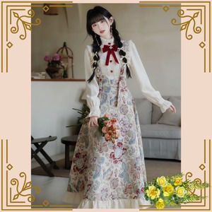 ♦レトロガーリー花柄ジャンパースカート＆フリルブラウスセット／お嬢さま風コーデ♦trnd038