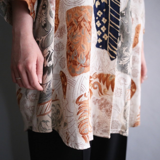 multi flower art pattern fry-front over size h/s shirt