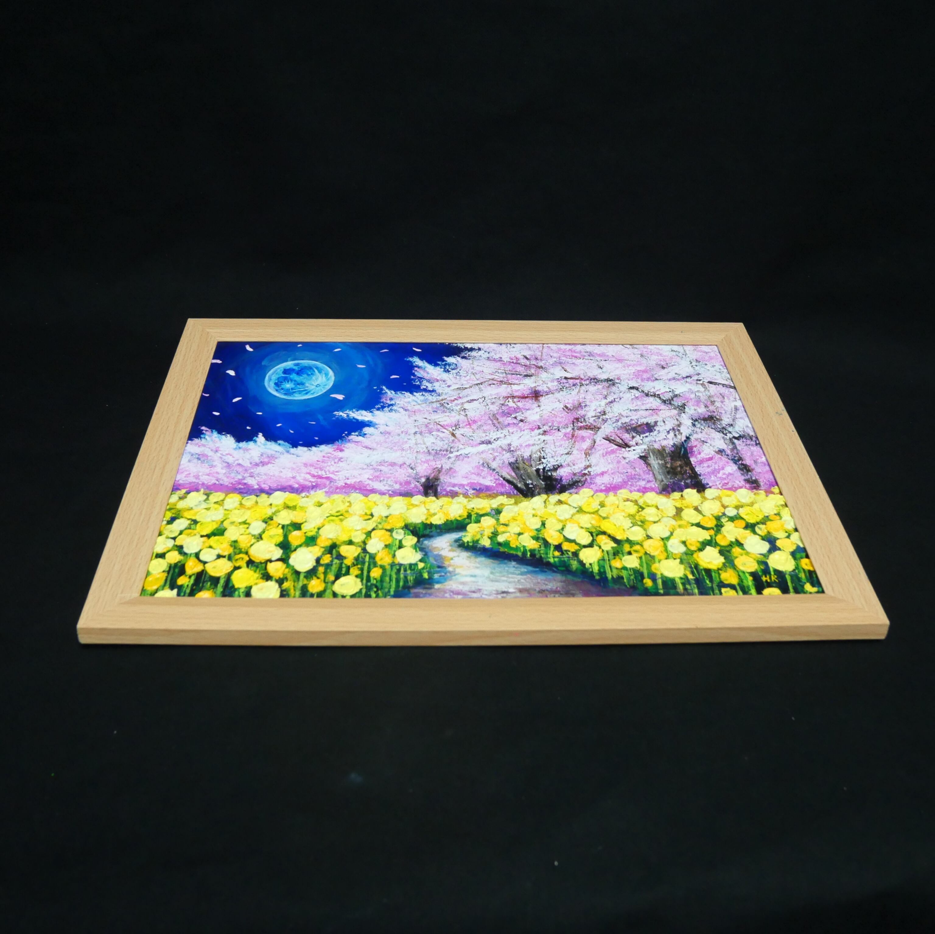 一点物アート】【心癒される春の夜：静寂を照らす月の光】油彩絵画