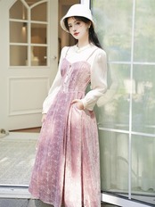 【0135】Pink Patchwork Pattern Long Sleeve Dress