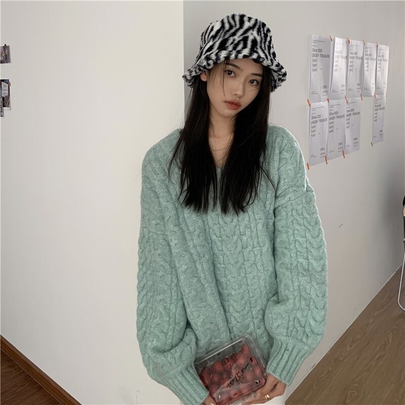 カジュアルセーター ルーズパターン薄手Vネックスタイルブラウス オータムウィンター 秋物 冬物 YY-ファッション46536201748