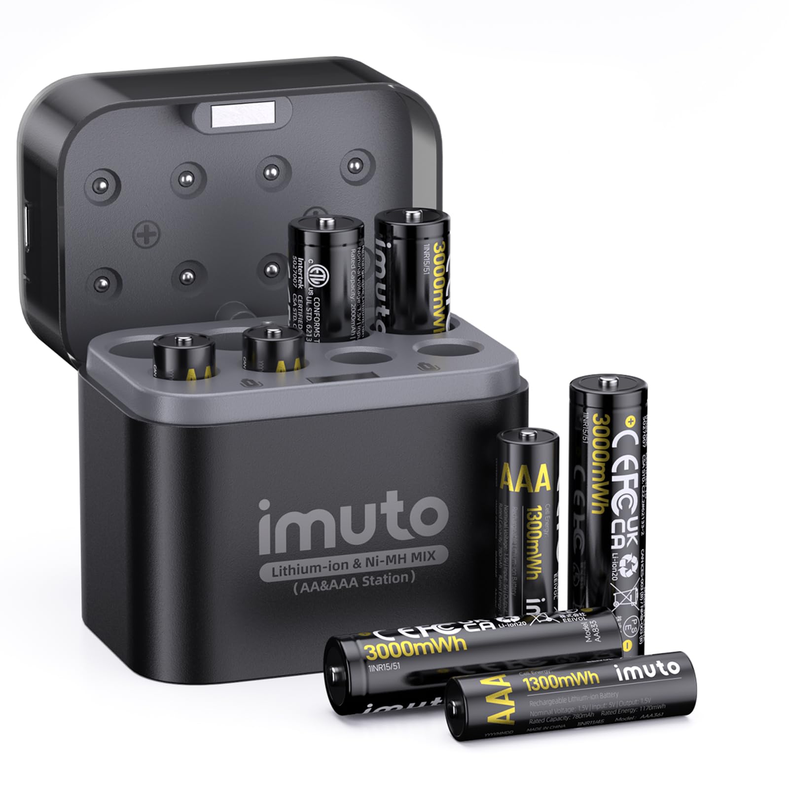 【在庫のみ】imuto リチウム&ニッケル水素充電池 同時充電可能 1.5V 急速充電 単3リチウム(3000mWh*4)+単4リチウム(1300mWh*4) 1600回以上循環使用可能 超長持続時間 充電器の組み合わせ 電池収納 Type-Cケーブル付属 PSE認証