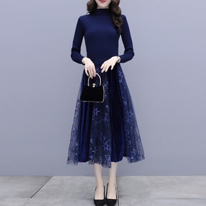 【送料無料】 ワンピース ロングワンピース ロング丈 ミモレ丈 ドッキングワンピース ドッキング ワンピ 異素材 ニット リブニット 長袖 ハイネック チュールスカート チュール フレア 星柄 スター 星座 夜空 ベルベット ベロア ハイウエスト 体型カバー 着痩せ 細見え 大きいサイズ S-3XL 大人 上品 きれいめ おしゃれ デート 女子会 お出かけ 韓国ファッション 人気 春 秋 冬 20代 30代 40代 50代 ネイビーブルー