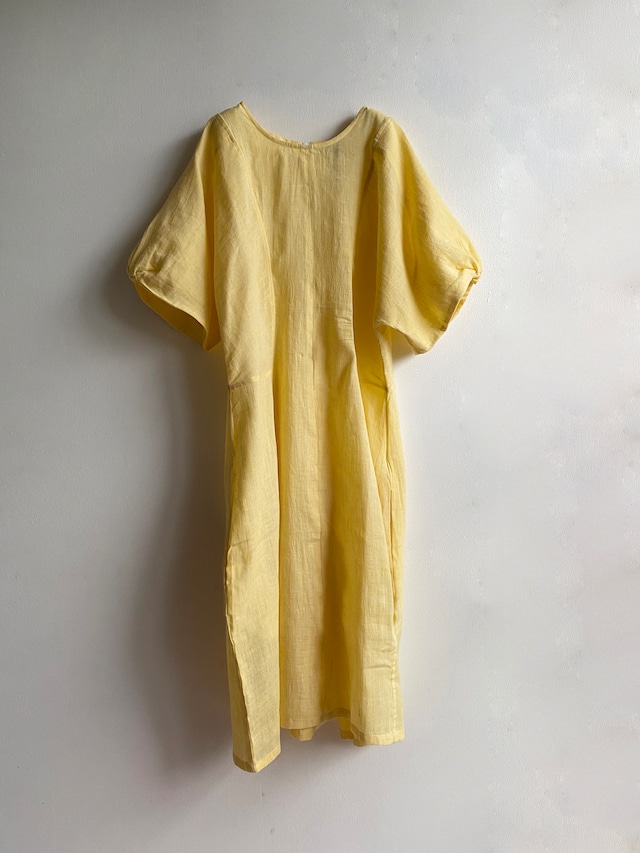Short sleeve deformation dress "light yellow" khadi cotton linen