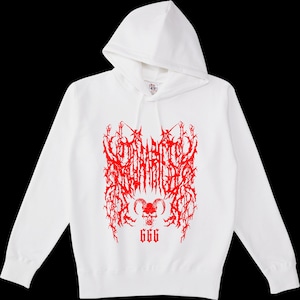 ★【lunalyオリジナル】666GOATSKULL DEATHMETALロゴテイストフーディホワイトレッドパーカー（ori_0082）