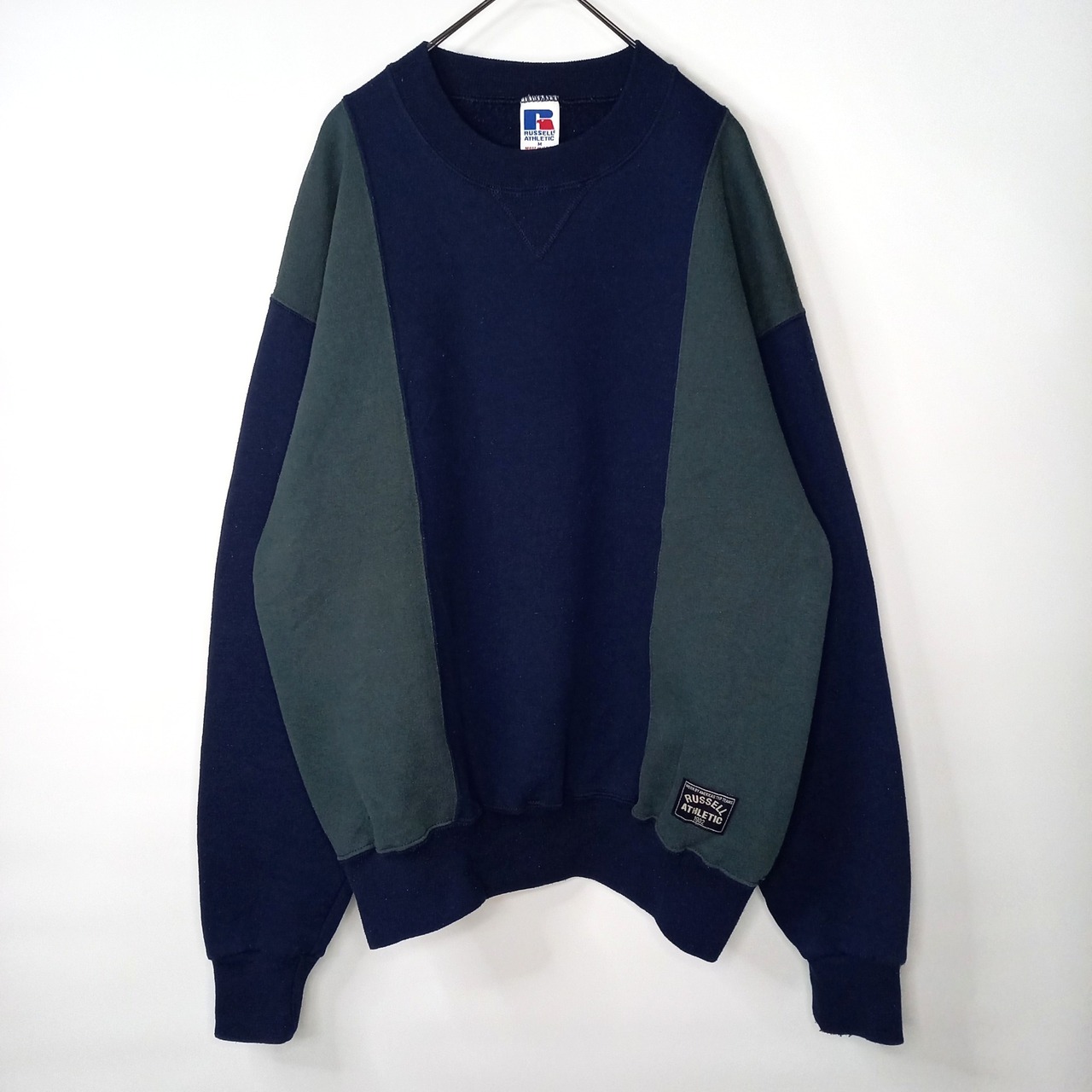 90s　アメリカ製　ラッセル　スウェット　トレーナー　ストライプ　ネイビー　グリーン　M