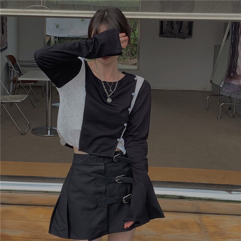 オータムラウンドネックボタンスリムTシャツ トップス レディース ロング 秋物 Oネック ステッチ ドラファッションホール65550752035