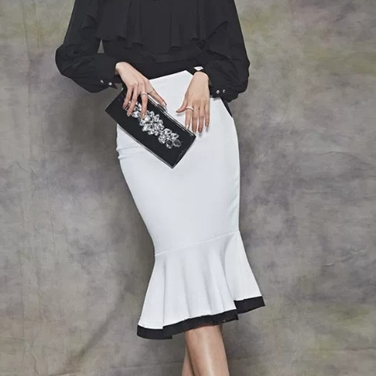 Bicolor Piping Frill Hem Mermaid Skirt V3581