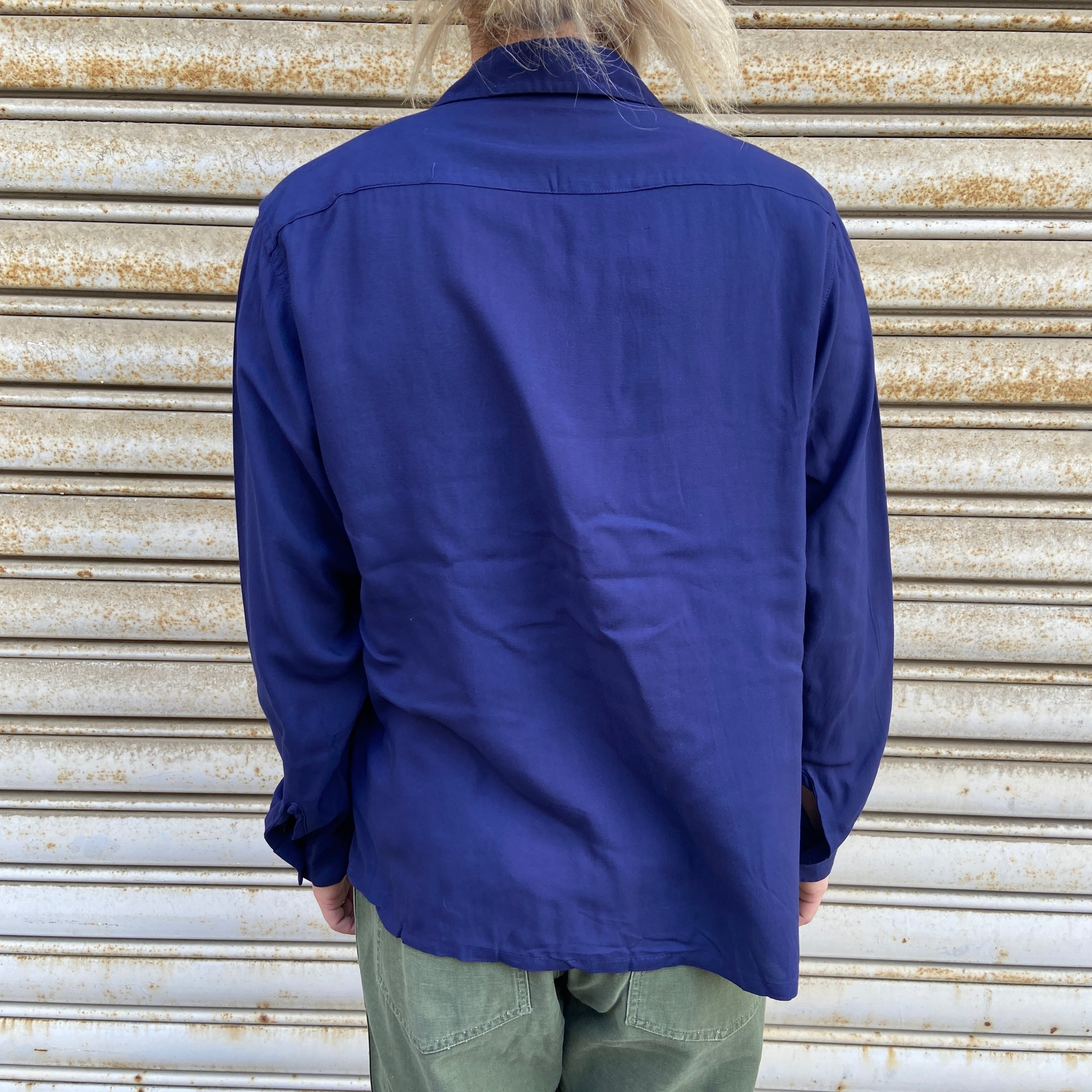 50s Mccall レーヨンシャツ M 長袖 開襟 ネイビー オープンカラー
